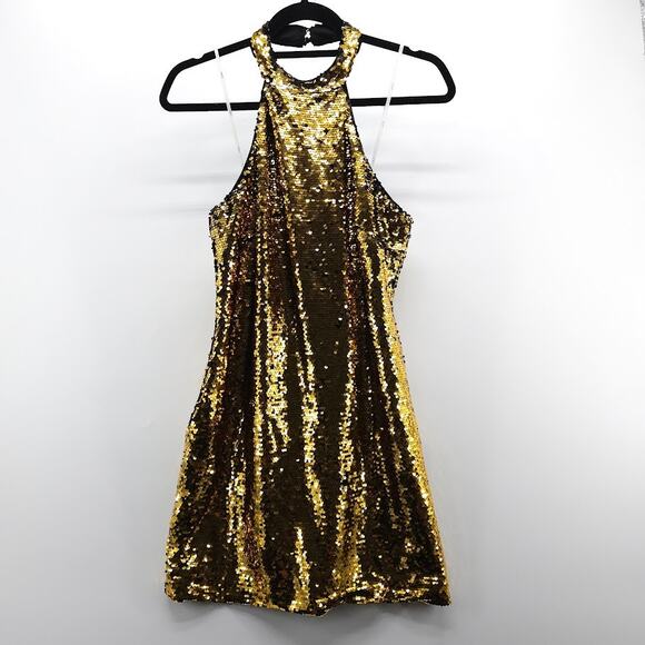 Lulu's Classic Diva Gold Sequin Halter Bodycon Mini Dress Medium - Picture 1 of 12